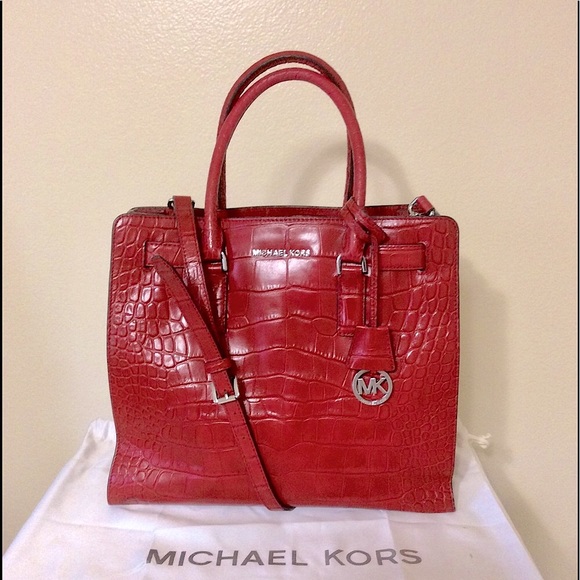 Michael Kors Lg Dillon Croc Embossed Leather Red Tote - Picture 4 of 12